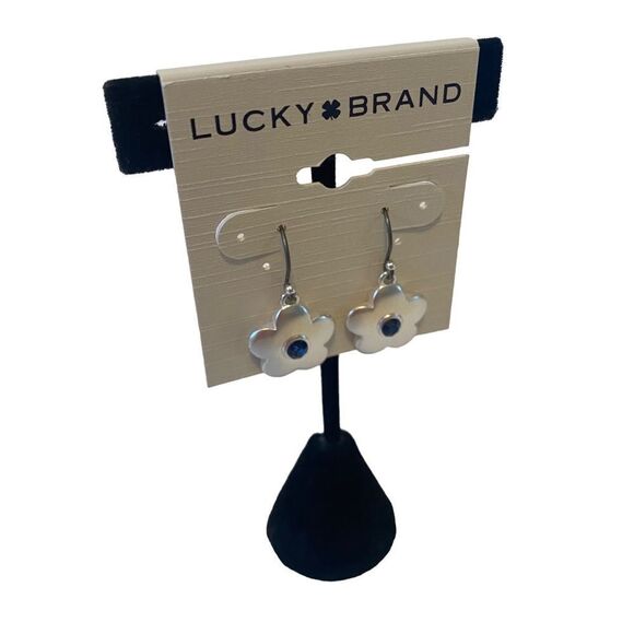 Matte Silver & Dk Blue Crystal Daisy Drop Earrings. - Picture 2 of 6